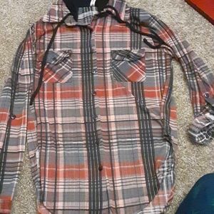 Flannel with hoodie, size S, pink/red-orange/grey/black plaid. RNB brand